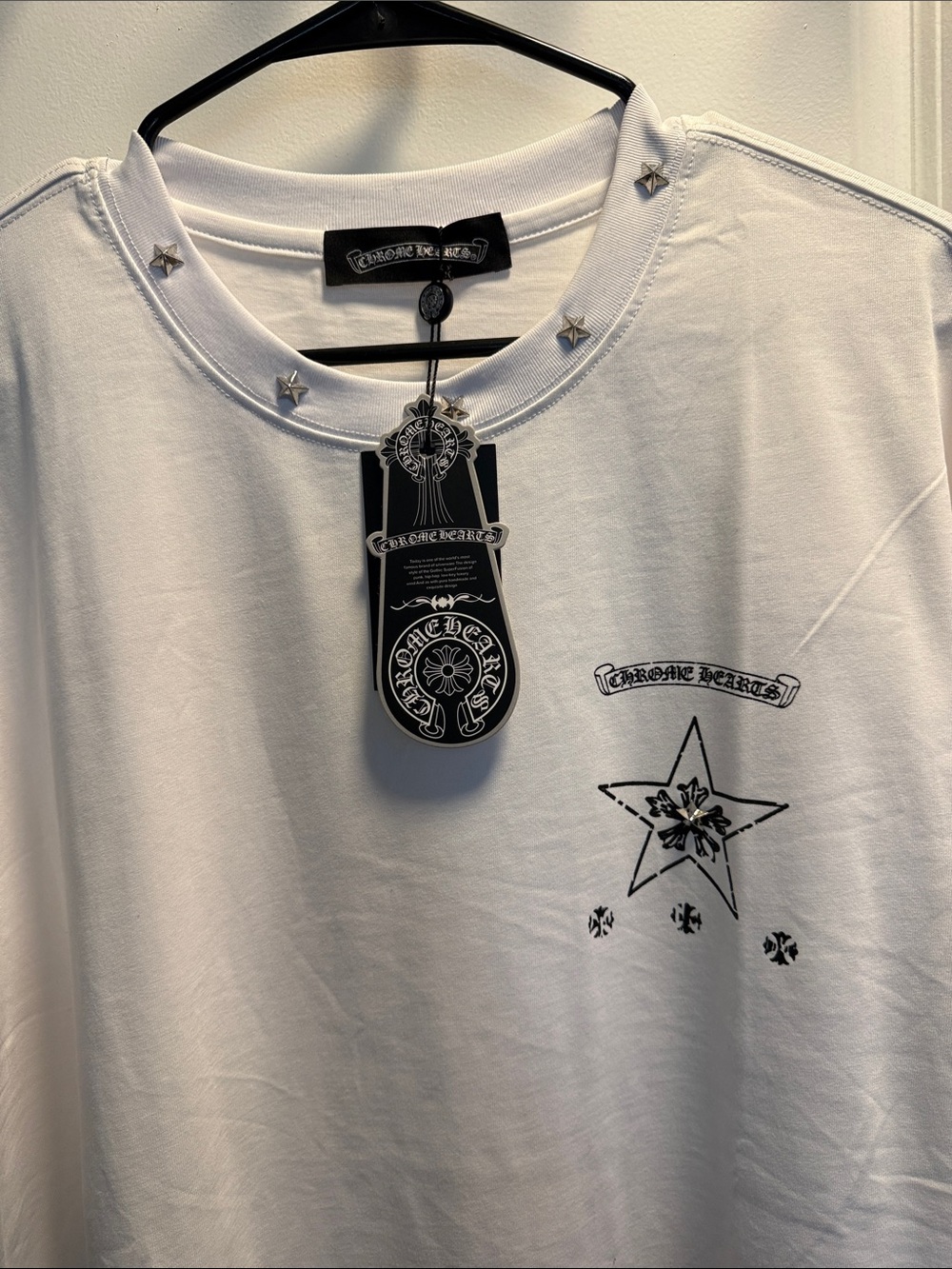 Chrome Hearts White Tee with Black Star Graphic and Silver Studs